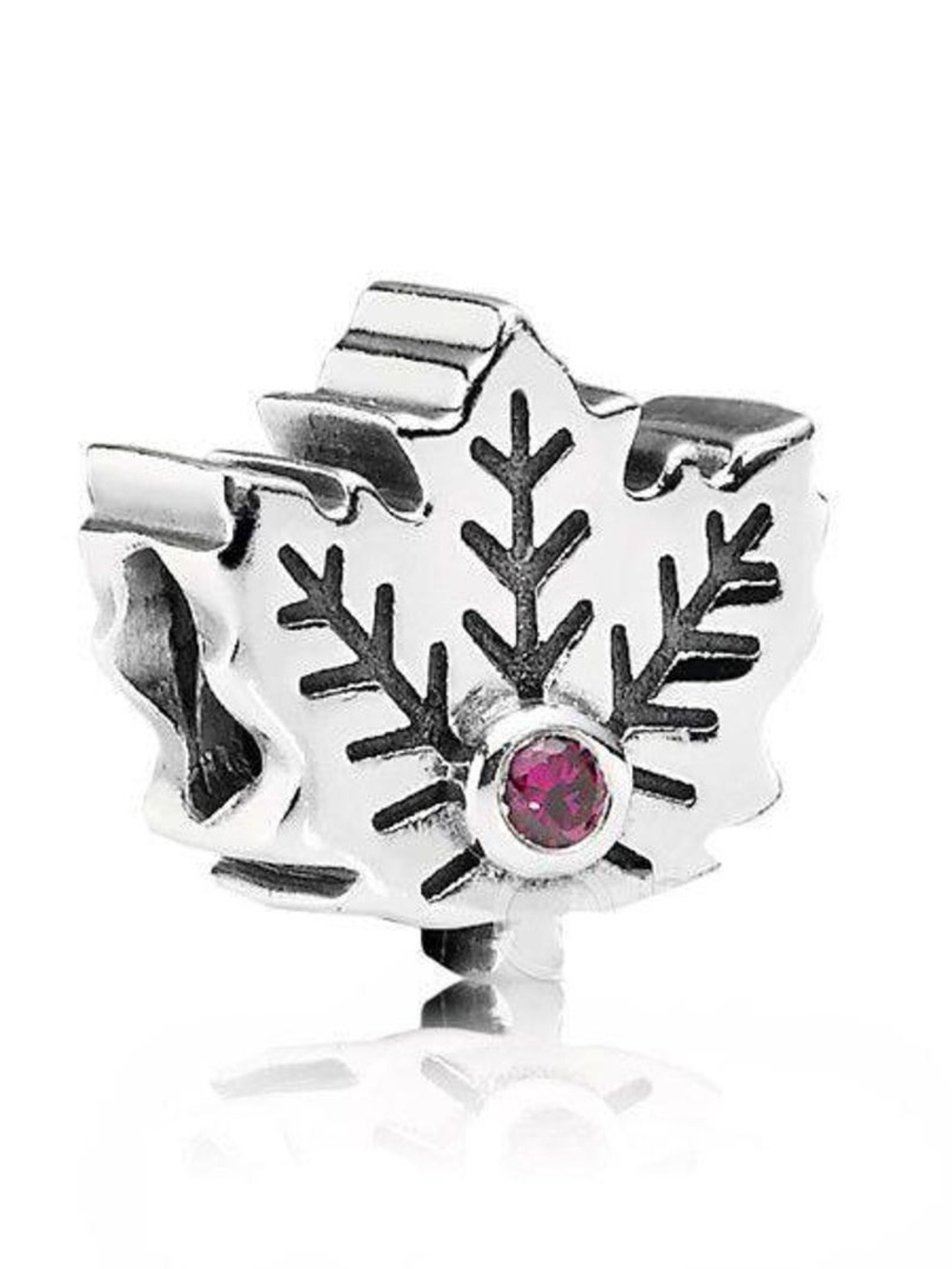 Pandora Silver Maple Leaf Charm with Red Stone
